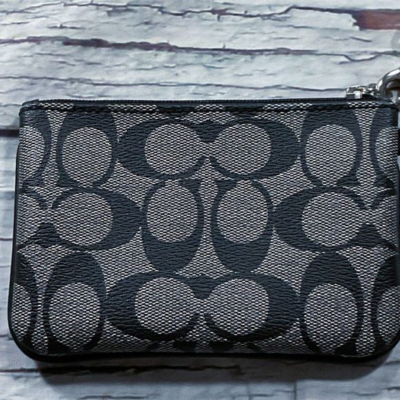 Coach Womens Purse Wristlet Gray Black Logo Zipper Close Blue Lining 6" x 4" - Picture 7 of 8